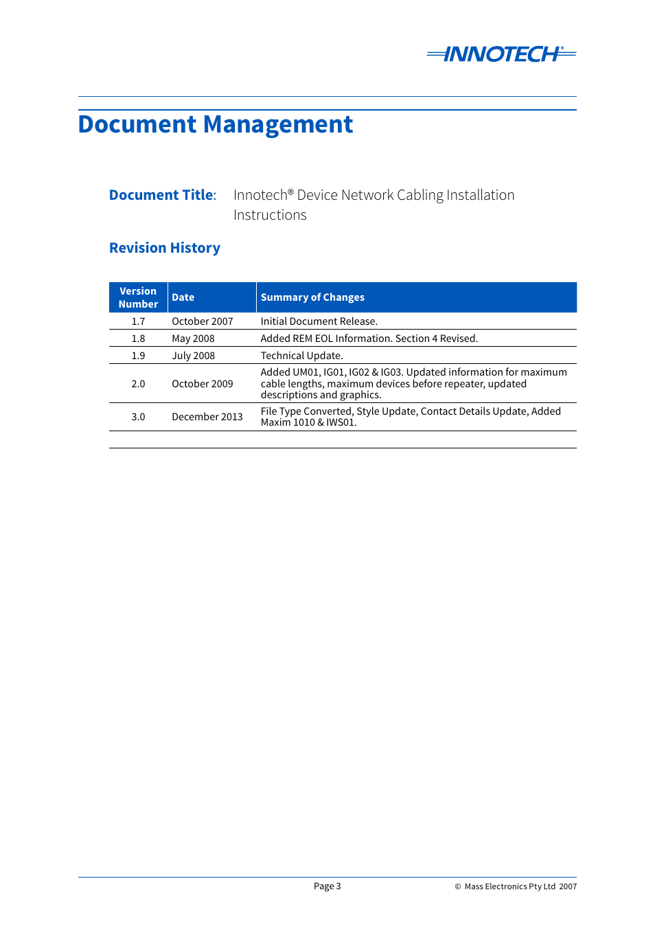 Document management, Document title | Innotech Device Network Cabling User Manual | Page 3 / 46