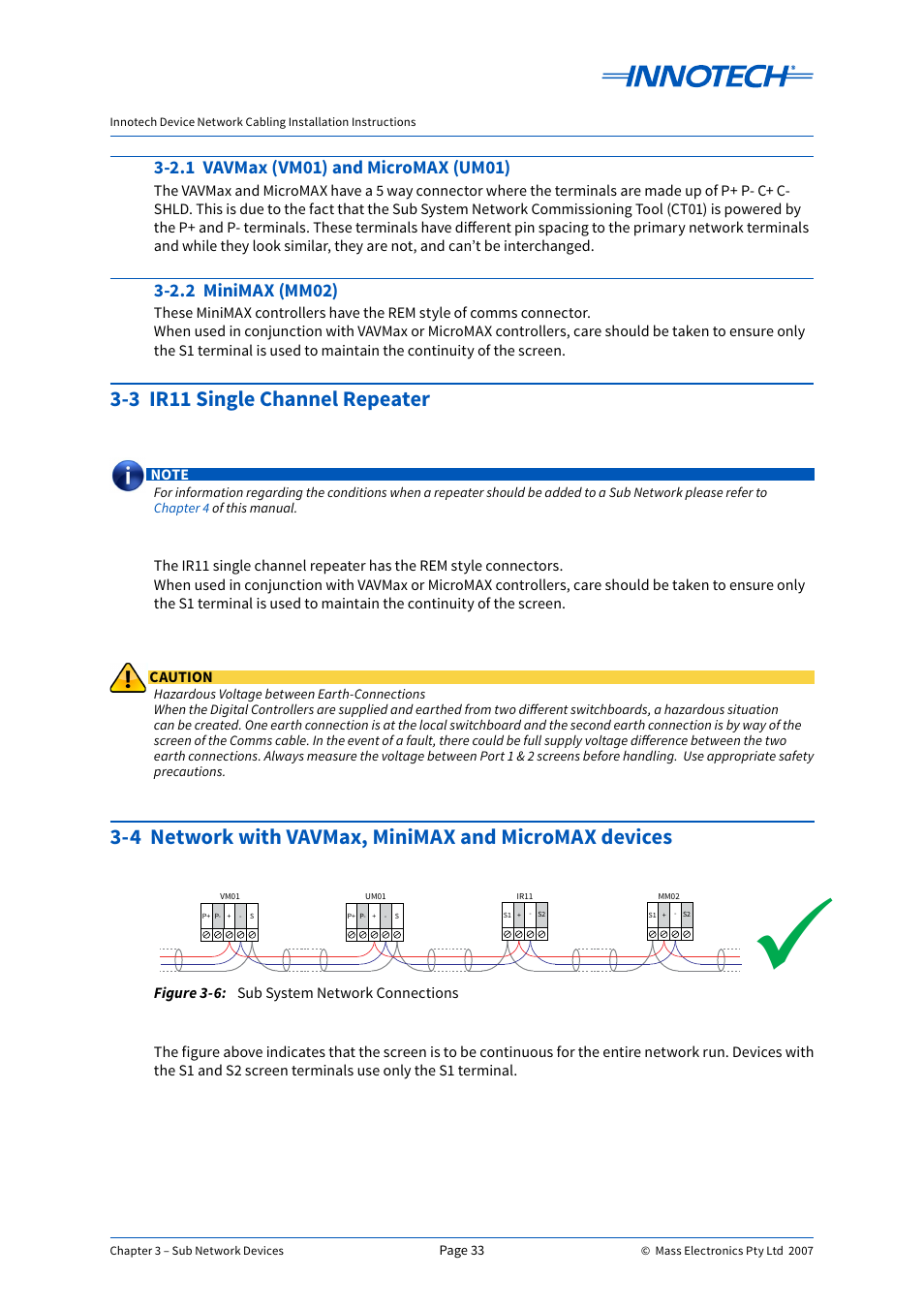 Figure 3-6, Sub system network connections, 2.1 vavmax (vm01) and micromax (um01) | 2.2 minimax (mm02), 3 ir11 single channel repeater | Innotech Device Network Cabling User Manual | Page 33 / 46