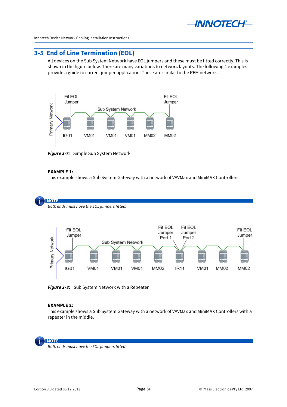 Figure 3-7, Figure 3-8, Simple sub system network | Sub system network with a repeater, 5 end of line termination (eol), Figure 3-7: figure 3-8 | Innotech Device Network Cabling User Manual | Page 34 / 46