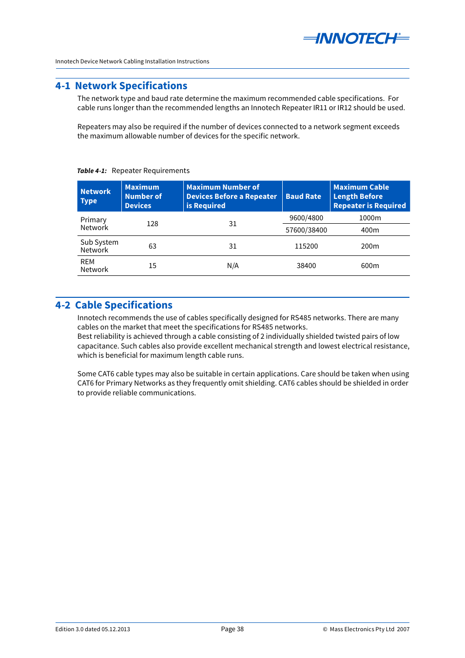 Table 4-1, Repeater requirements, 1 network specifications | 2 cable specifications, 1 network specifications 4-2 cable specifications | Innotech Device Network Cabling User Manual | Page 38 / 46