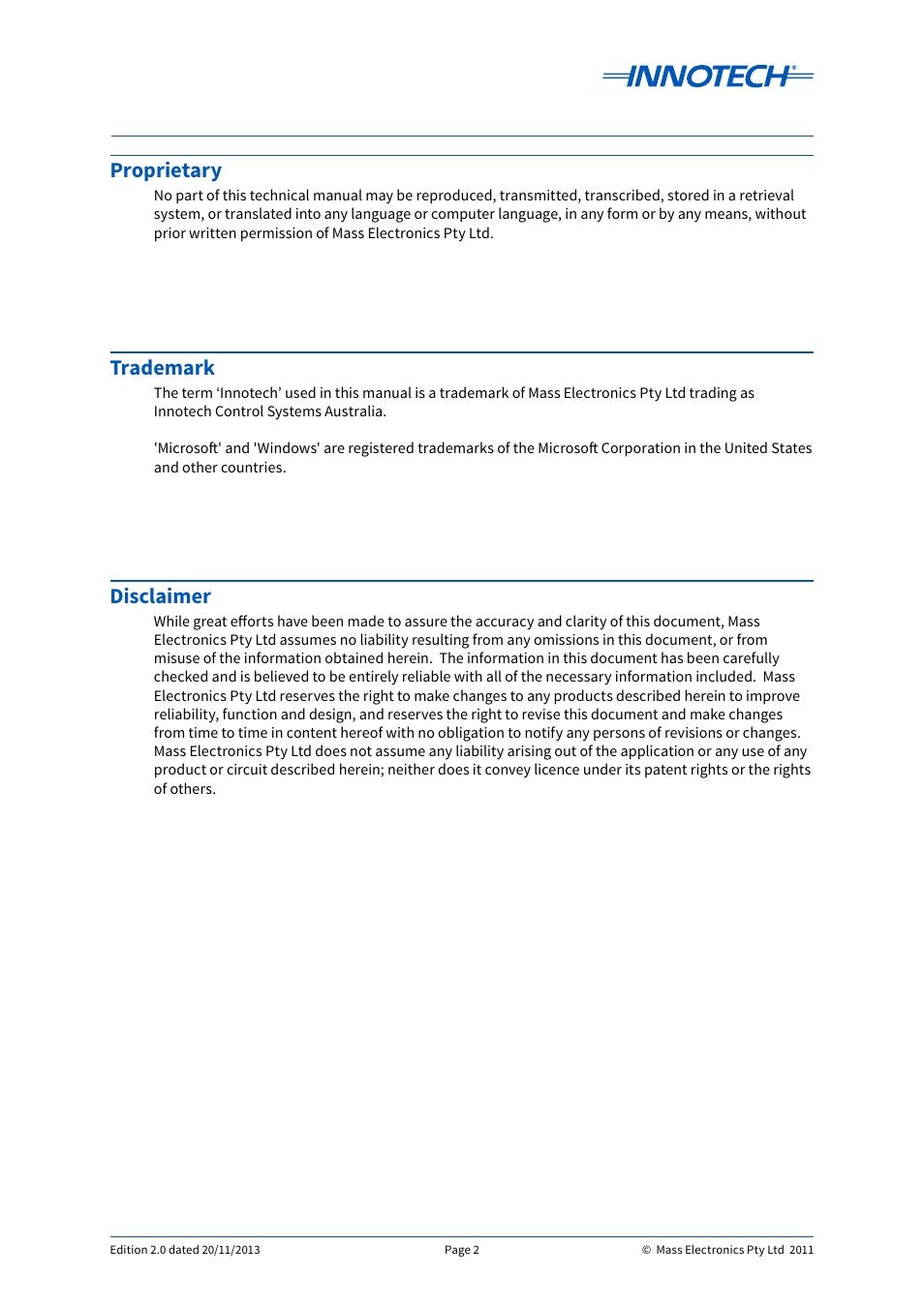 Proprietary, Trademark, Disclaimer | Innotech Maxim User Manual | Page 2 / 60