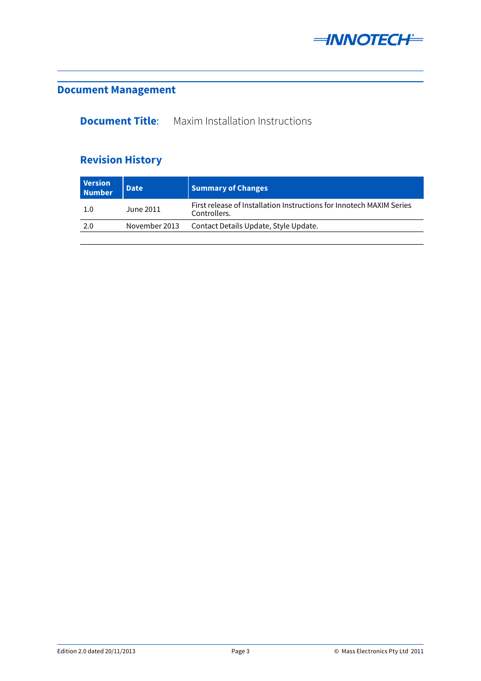 Document management document title, Revision history maxim installation instructions | Innotech Maxim User Manual | Page 3 / 60