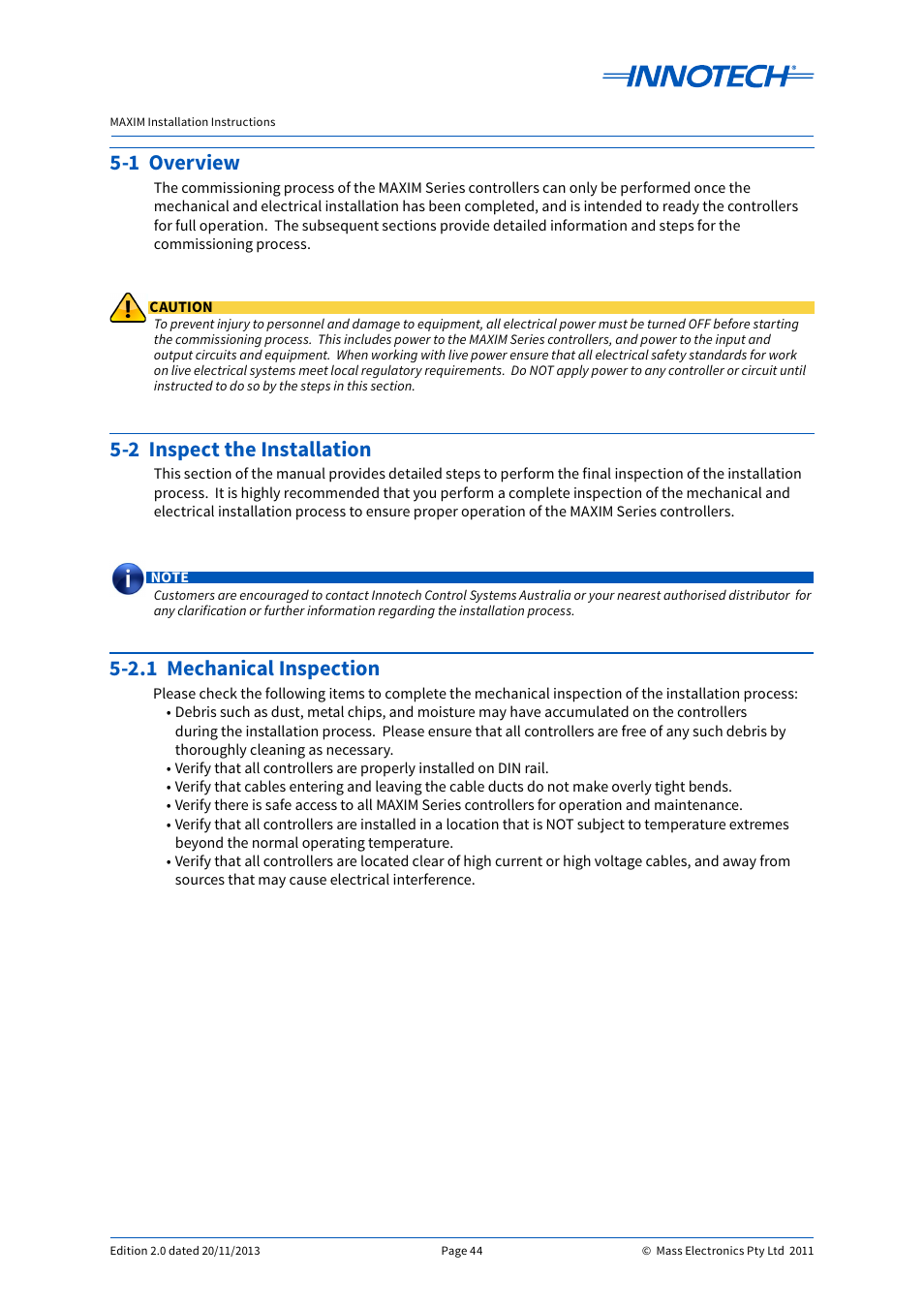 1 overview 5-2 inspect the installation, 1 overview, 2 inspect the installation | 2.1 mechanical inspection | Innotech Maxim User Manual | Page 44 / 60