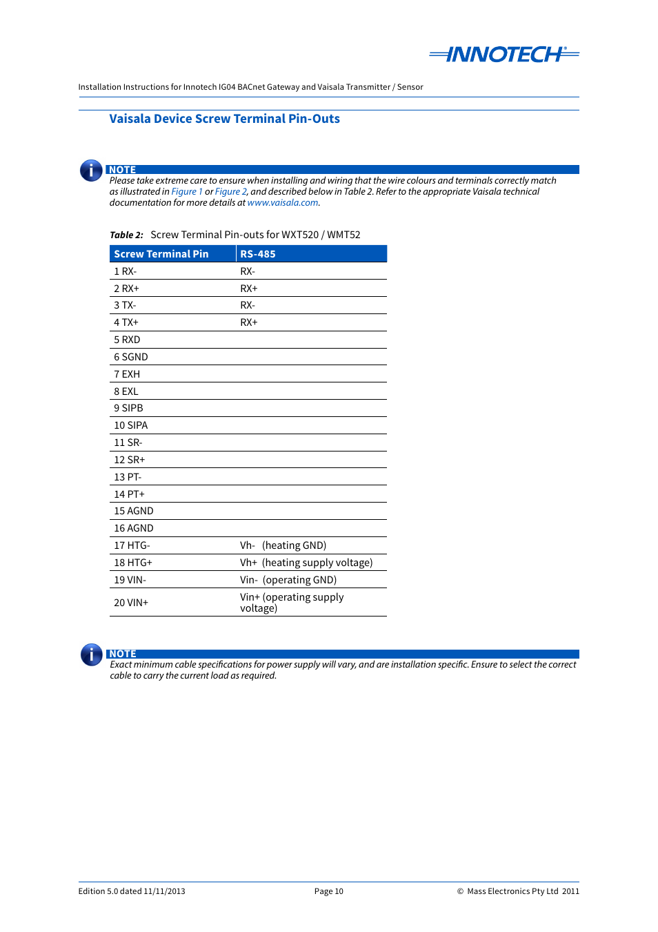 Vaisala device screw terminal pin-outs | Innotech IG04 BACnet Gateway User Manual | Page 10 / 24
