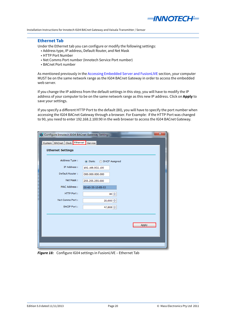 Ethernet tab | Innotech IG04 BACnet Gateway User Manual | Page 20 / 24