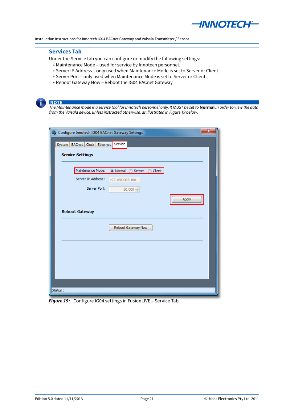Services tab | Innotech IG04 BACnet Gateway User Manual | Page 21 / 24