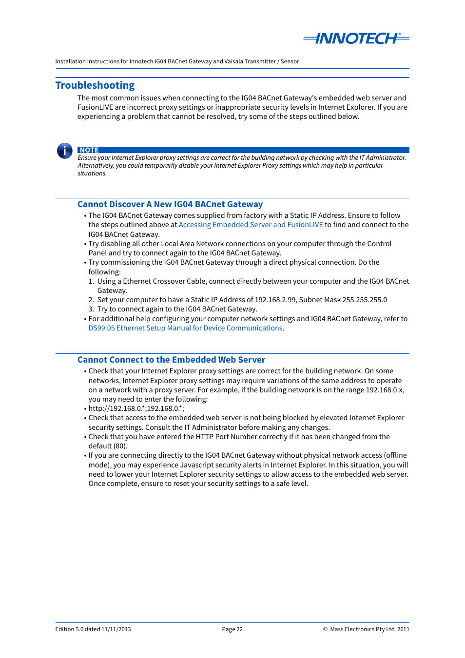 Troubleshooting, Cannot discover a new ig04 bacnet gateway, Cannot connect to the embedded web server | Innotech IG04 BACnet Gateway User Manual | Page 22 / 24