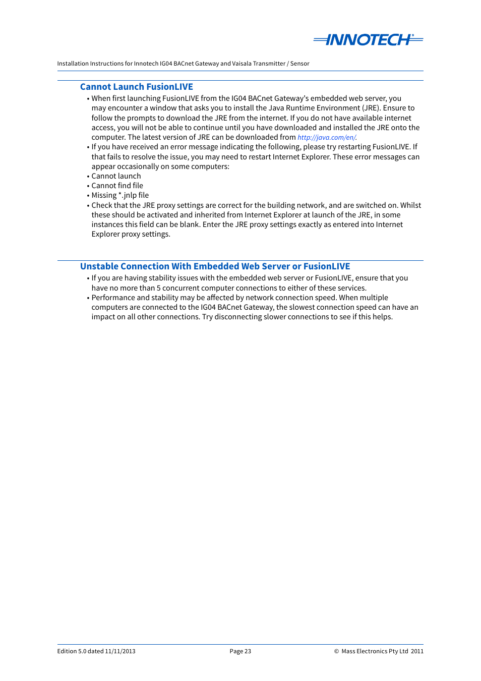 Cannot launch fusionlive | Innotech IG04 BACnet Gateway User Manual | Page 23 / 24
