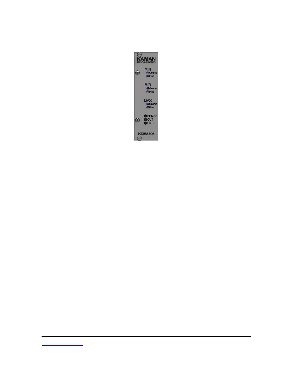 Part 4 – calibrating the kdm-8206, 1 calibration controls, 1 min controls | Alibration, Ontrols, Figure 4 front view of kdm-8206 measuring module, Figure 4 | Kaman KDM-8206 User Manual | Page 9 / 20