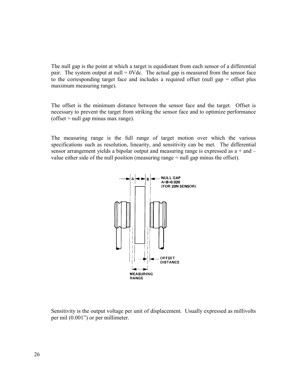 Terminology, Null gap, Offset | Measuring range, Sensitivity, Figure 15 null gap, offset, measuring range | Kaman KD-5100 User Manual | Page 26 / 41