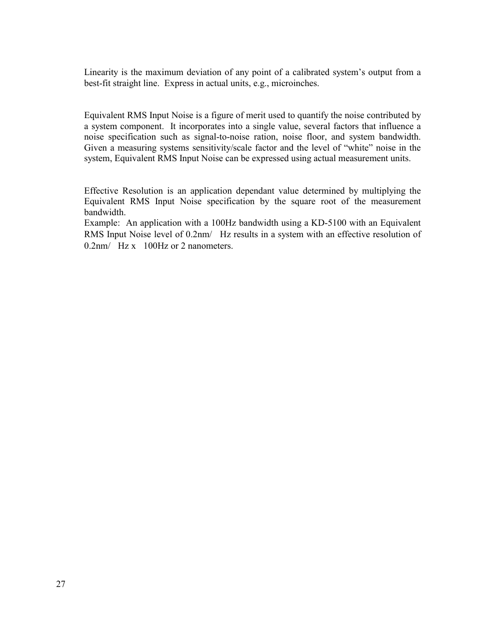 Linearity, Equivalent rms input noise, Effective resolution | Kaman KD-5100 User Manual | Page 27 / 41
