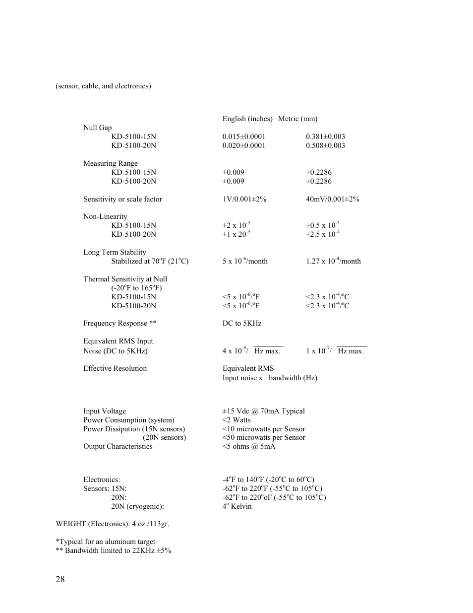Total system specifications, Electrical, Temperature | Performance electrical temperature, Performance | Kaman KD-5100 User Manual | Page 28 / 41