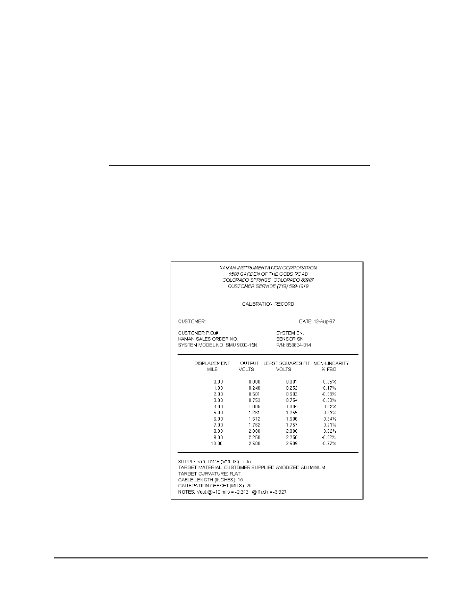 Part iii: calibration, System calibration record | Kaman SMU9200 User Manual | Page 12 / 26