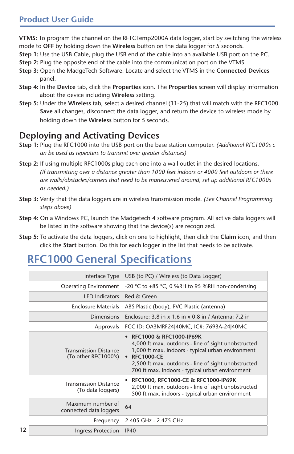Rfc1000 general specifications, Deploying and activating devices, Product user guide | MadgeTech Vaccine Temperature Monitoring System (VTMS) Data Logger User Manual | Page 14 / 16