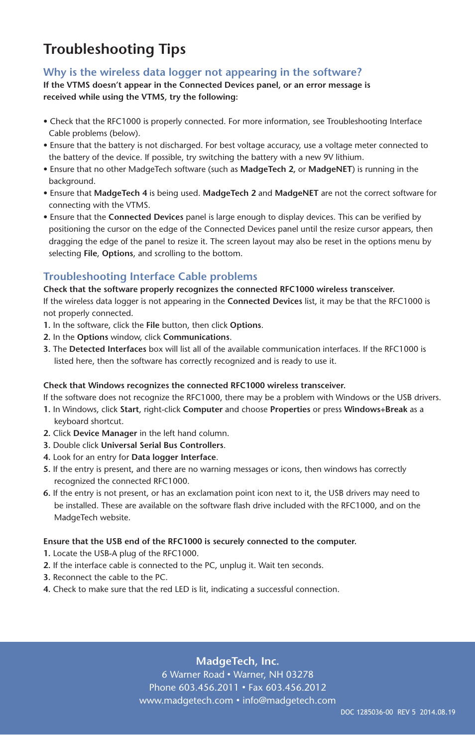 Troubleshooting tips, Troubleshooting interface cable problems, Madgetech, inc | MadgeTech Vaccine Temperature Monitoring System (VTMS) Data Logger User Manual | Page 16 / 16