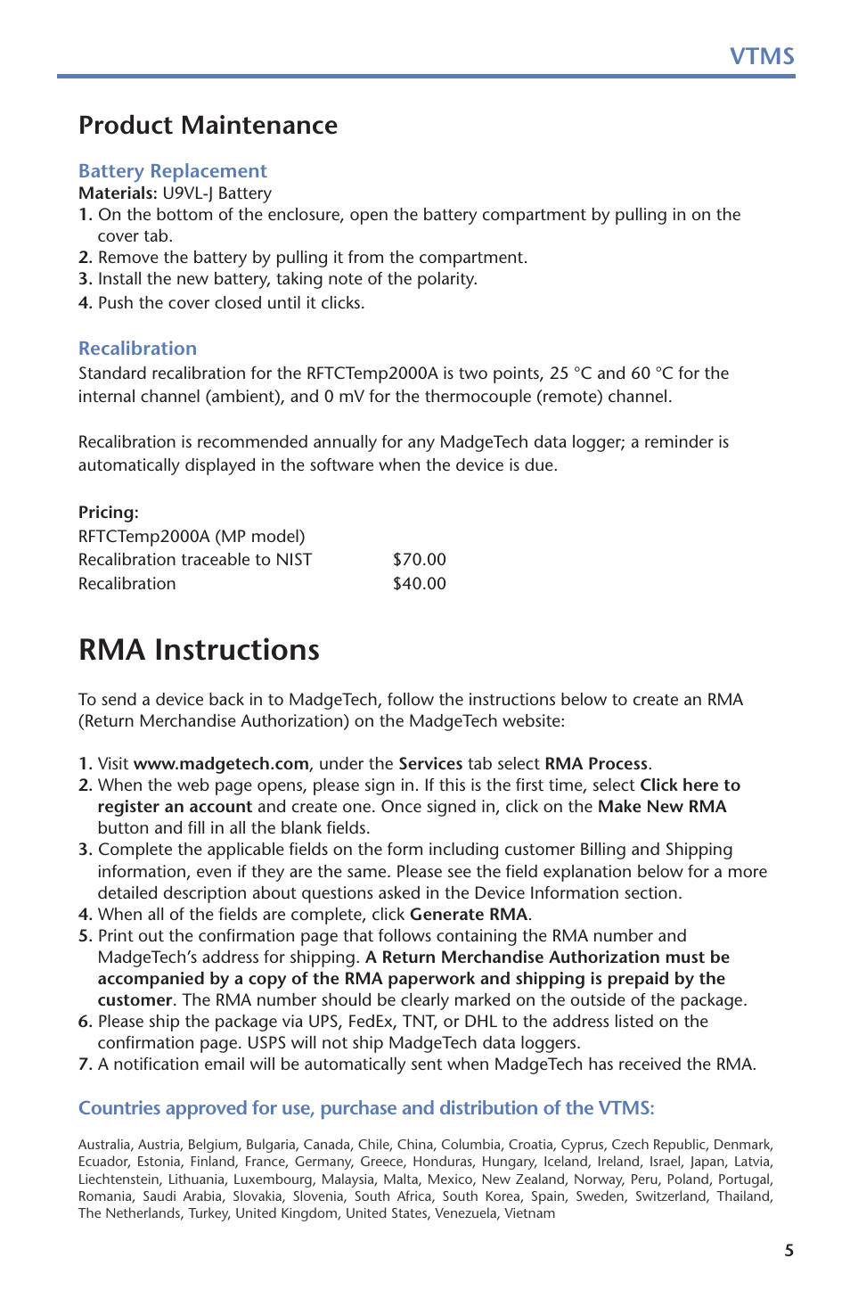 Rma instructions, Product maintenance, Vtms | MadgeTech Vaccine Temperature Monitoring System (VTMS) Data Logger User Manual | Page 7 / 16