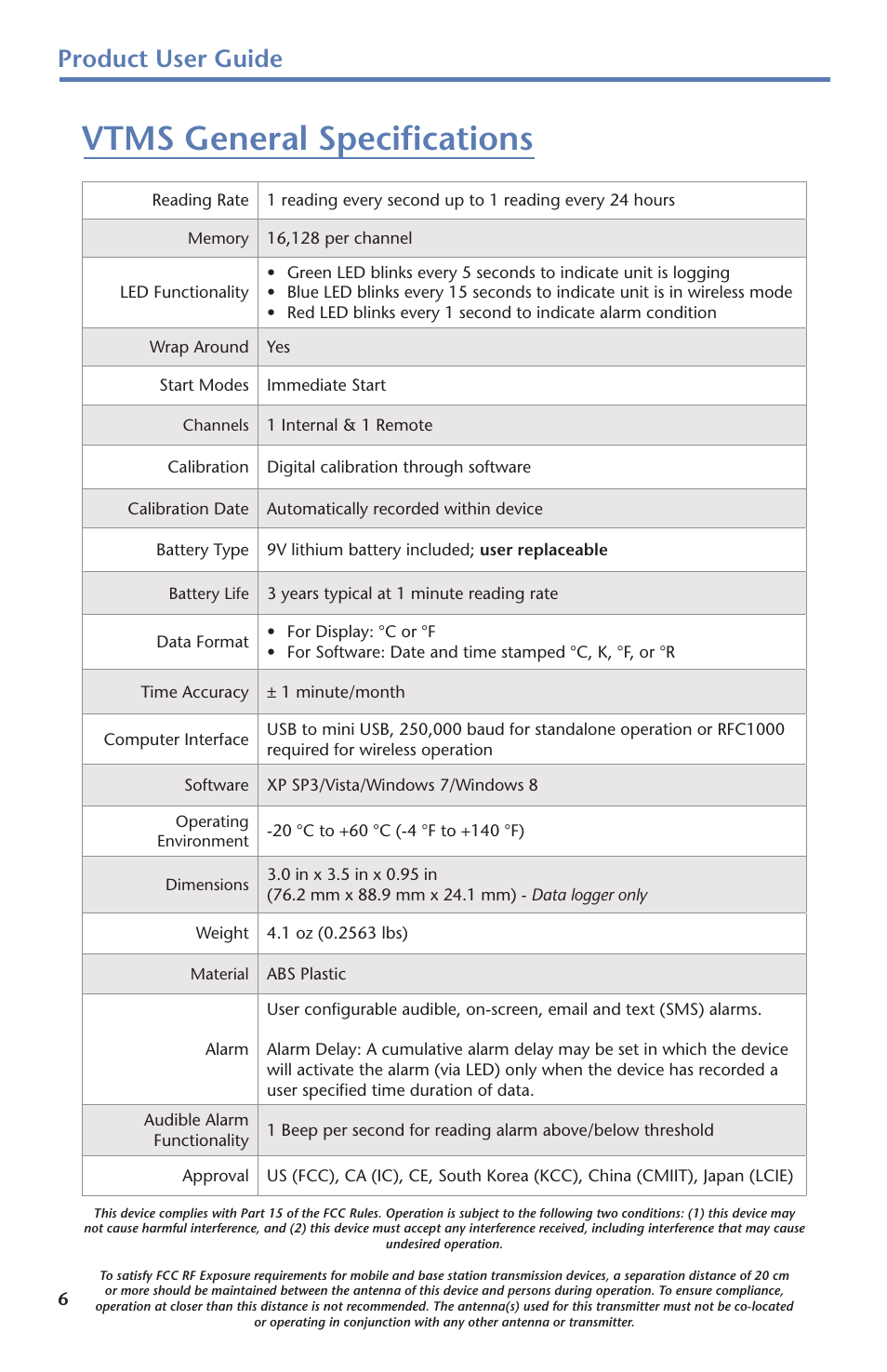 Vtms general specifications, Product user guide | MadgeTech Vaccine Temperature Monitoring System (VTMS) Data Logger User Manual | Page 8 / 16