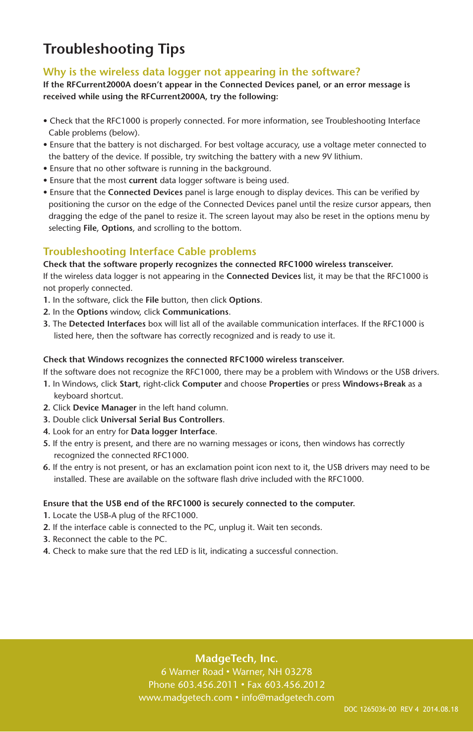 Troubleshooting tips, Troubleshooting interface cable problems, Madgetech, inc | MadgeTech RFCurrent2000A User Manual | Page 16 / 16