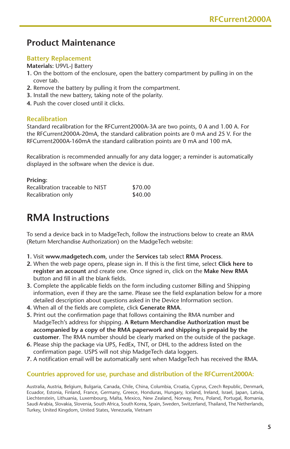 Rma instructions, Product maintenance, Rfcurrent2000a | MadgeTech RFCurrent2000A User Manual | Page 7 / 16