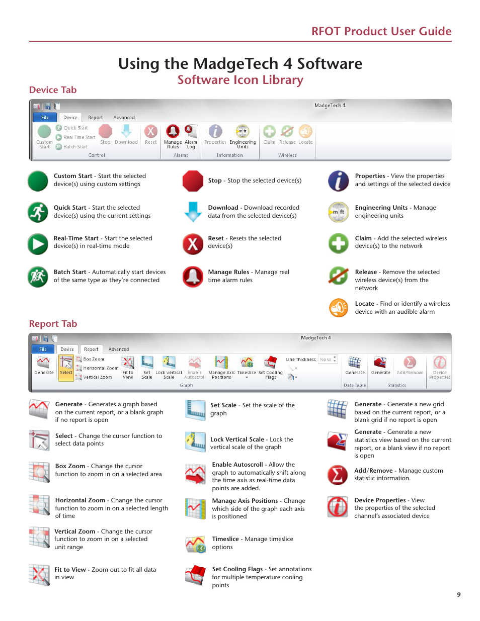 Using the madgetech 4 software, Software icon library, Rfot product user guide | Device tab report tab | MadgeTech RFOT Wireless Meat Temperature Data Logger User Manual | Page 13 / 24