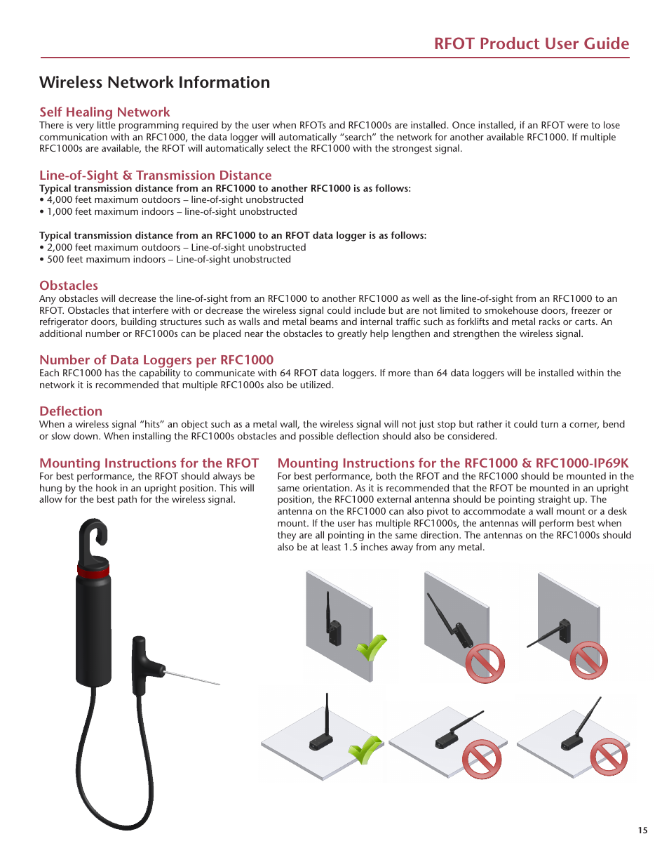Rfot product user guide, Wireless network information, Mounting instructions for the rfot | Self healing network, Line-of-sight & transmission distance, Obstacles, Number of data loggers per rfc1000, Deflection | MadgeTech RFOT Wireless Meat Temperature Data Logger User Manual | Page 19 / 24