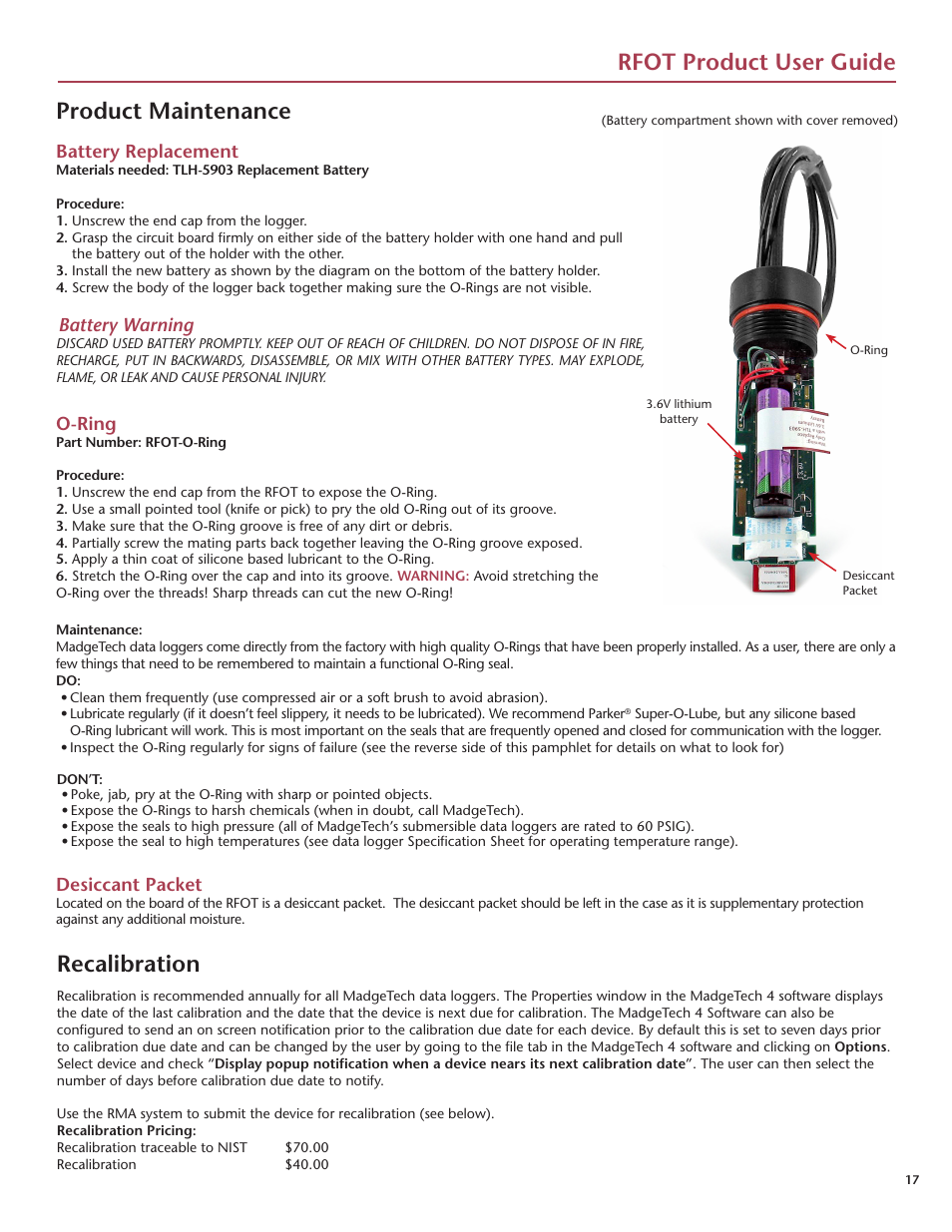 Rfot product user guide product maintenance, Recalibration | MadgeTech RFOT Wireless Meat Temperature Data Logger User Manual | Page 21 / 24