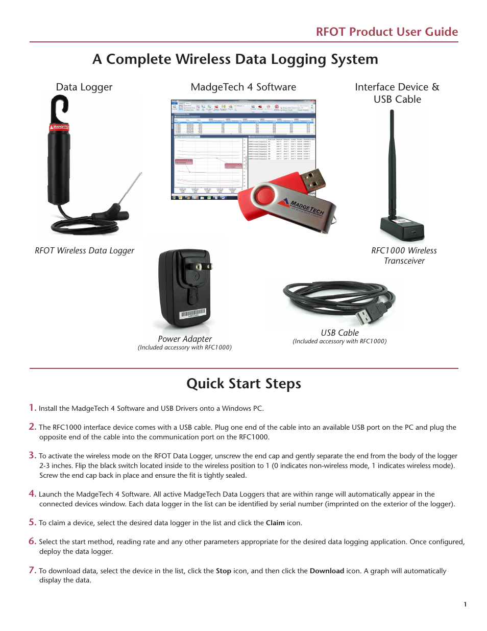 Quick start steps, A complete wireless data logging system, Rfot product user guide | MadgeTech RFOT Wireless Meat Temperature Data Logger User Manual | Page 5 / 24