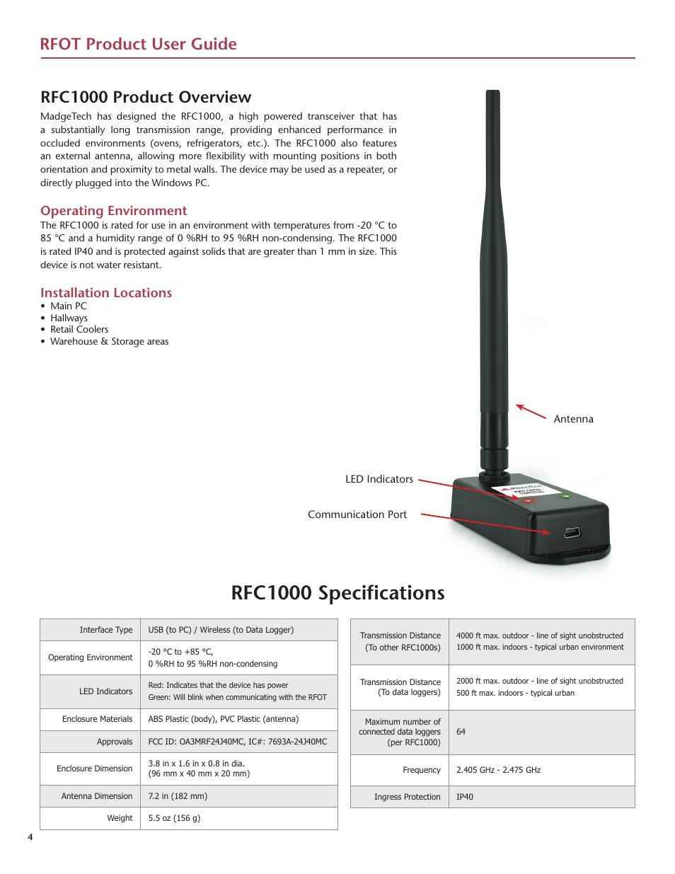 Rfc1000 specifications, Rfot product user guide rfc1000 product overview, Operating environment | Installation locations | MadgeTech RFOT Wireless Meat Temperature Data Logger User Manual | Page 8 / 24