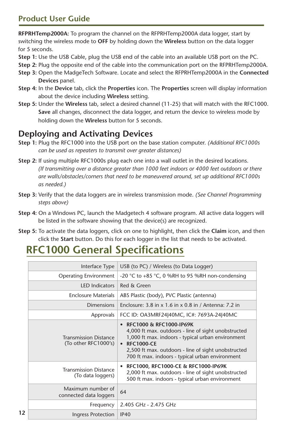 Rfc1000 general specifications, Deploying and activating devices, Product user guide | MadgeTech RFPRHTemp2000A Wireless Pressure, Humidity and Temperature Data Logger User Manual | Page 14 / 16