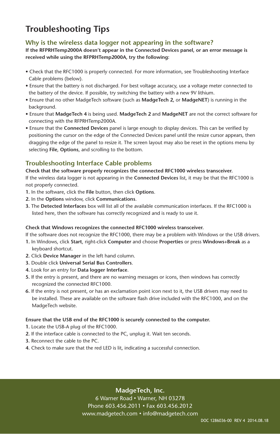 Troubleshooting tips, Troubleshooting interface cable problems, Madgetech, inc | MadgeTech RFPRHTemp2000A Wireless Pressure, Humidity and Temperature Data Logger User Manual | Page 16 / 16