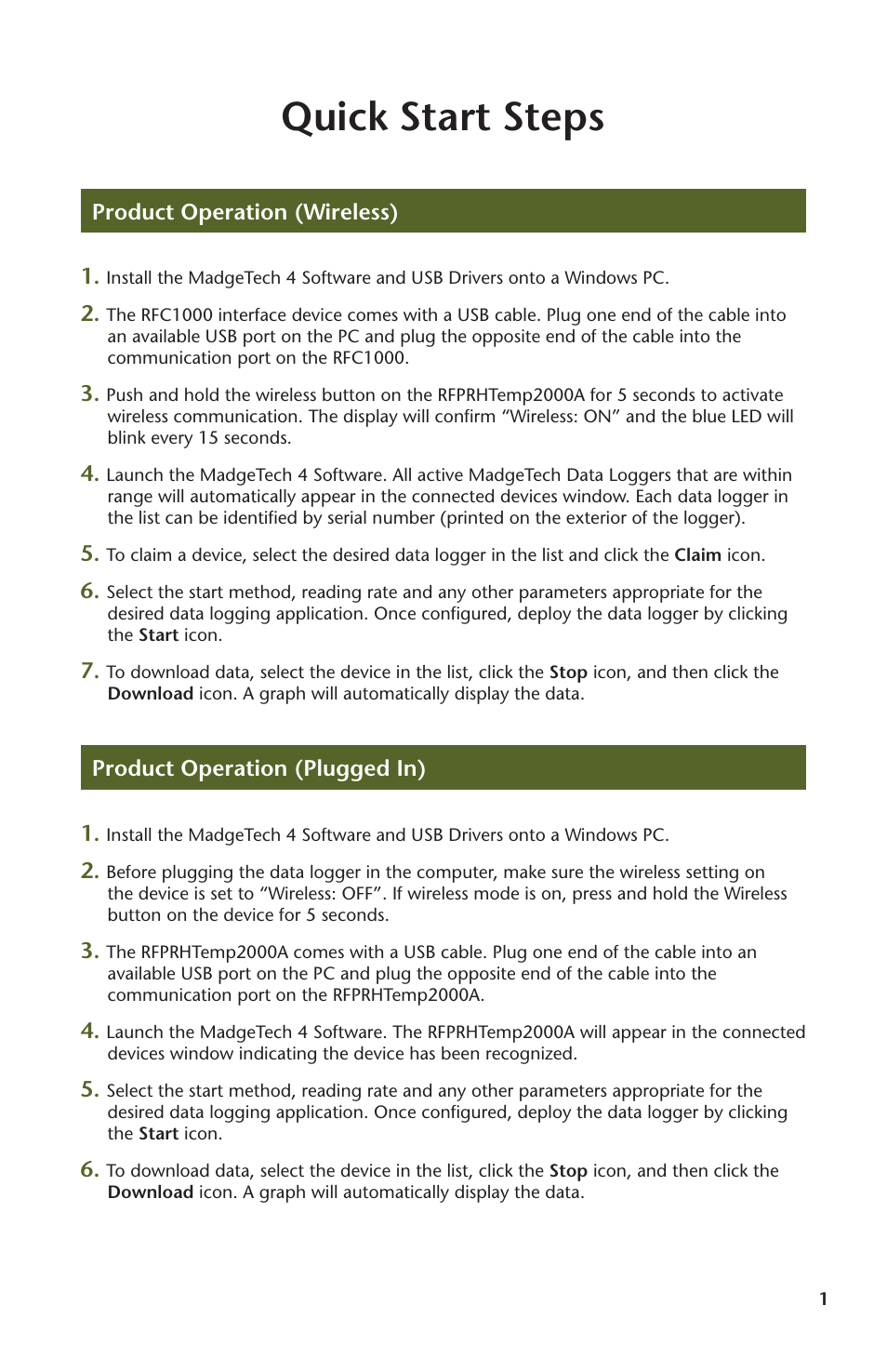 Quick start steps | MadgeTech RFPRHTemp2000A Wireless Pressure, Humidity and Temperature Data Logger User Manual | Page 3 / 16