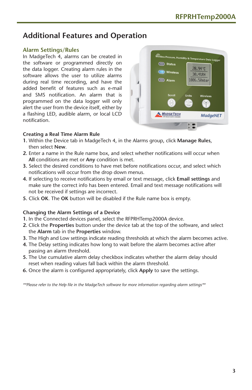 Additional features and operation, Rfprhtemp2000a | MadgeTech RFPRHTemp2000A Wireless Pressure, Humidity and Temperature Data Logger User Manual | Page 5 / 16