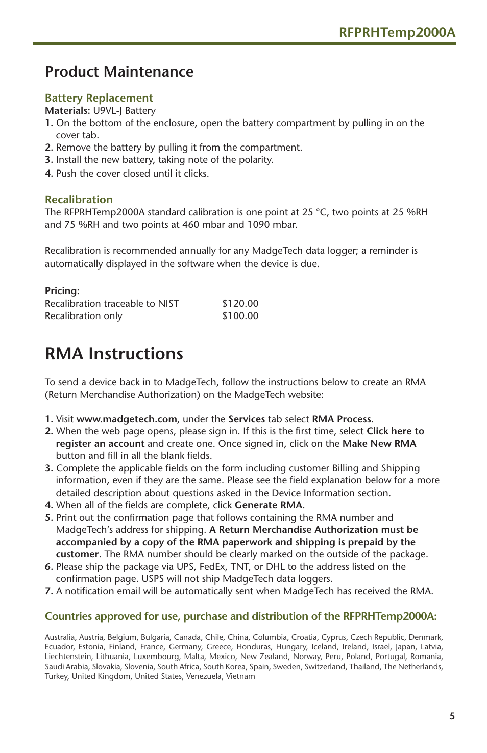Rma instructions, Product maintenance, Rfprhtemp2000a | MadgeTech RFPRHTemp2000A Wireless Pressure, Humidity and Temperature Data Logger User Manual | Page 7 / 16