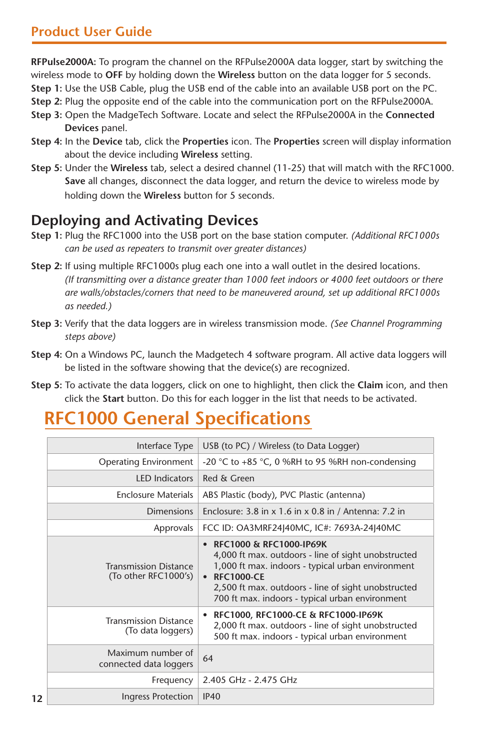 Rfc1000 general specifications, Deploying and activating devices, Product user guide | MadgeTech RFPulse2000A User Manual | Page 14 / 16