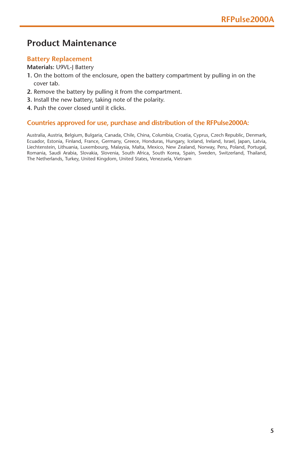 Product maintenance, Rfpulse2000a | MadgeTech RFPulse2000A User Manual | Page 7 / 16