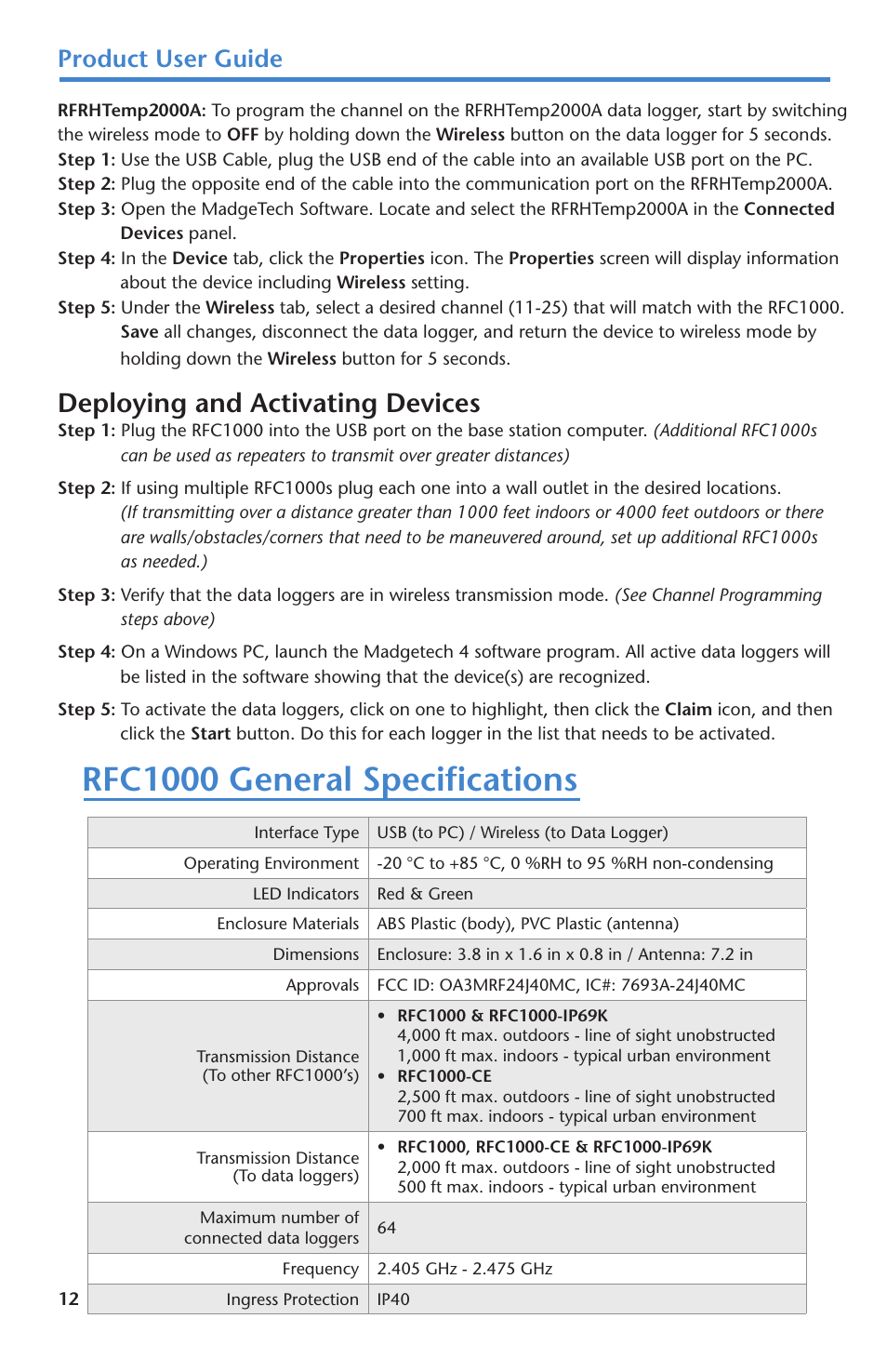 Rfc1000 general specifications, Deploying and activating devices, Product user guide | MadgeTech RFRHTemp2000A User Manual | Page 14 / 16