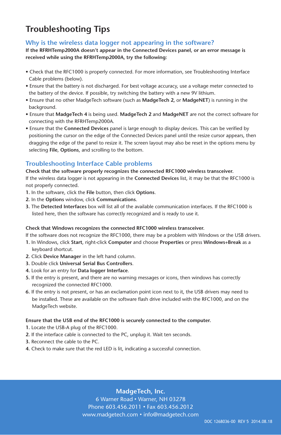 Troubleshooting tips, Troubleshooting interface cable problems, Madgetech, inc | MadgeTech RFRHTemp2000A User Manual | Page 16 / 16