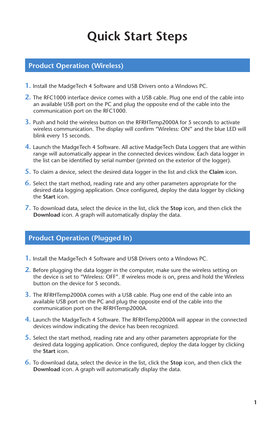 Quick start steps | MadgeTech RFRHTemp2000A User Manual | Page 3 / 16