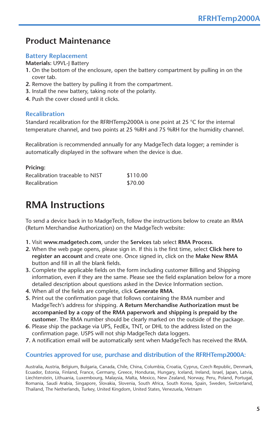 Rma instructions, Product maintenance, Rfrhtemp2000a | MadgeTech RFRHTemp2000A User Manual | Page 7 / 16