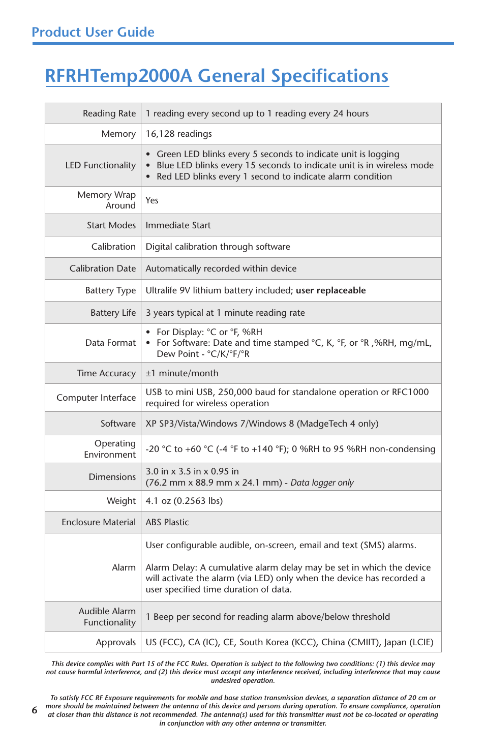 Rfrhtemp2000a general specifications, Product user guide | MadgeTech RFRHTemp2000A User Manual | Page 8 / 16