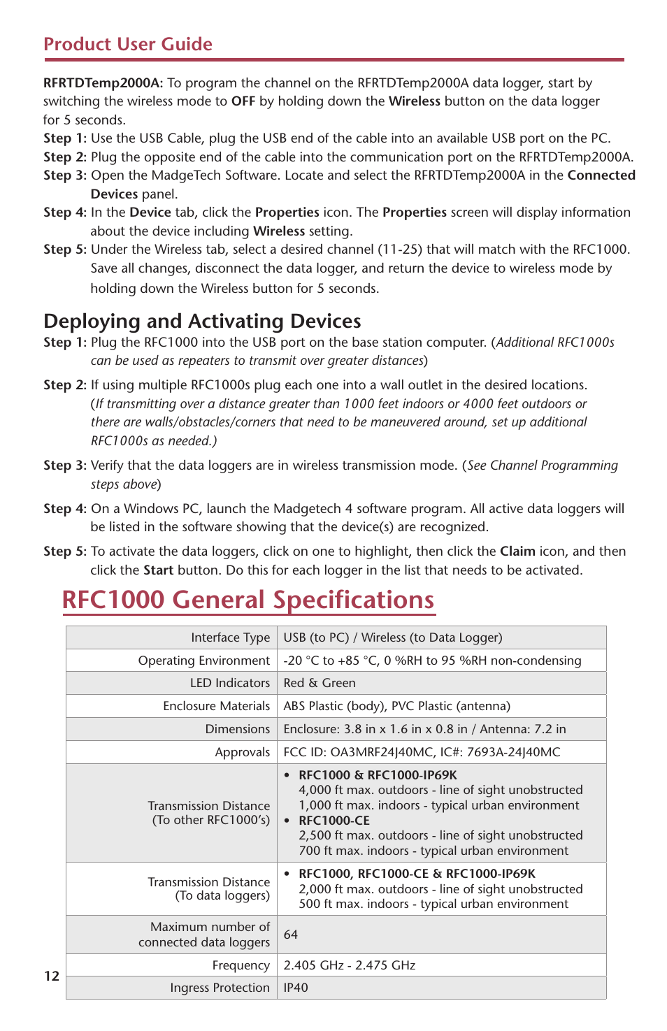 Rfc1000 general specifications, Deploying and activating devices, Product user guide | MadgeTech RFRTDTemp2000A User Manual | Page 14 / 16