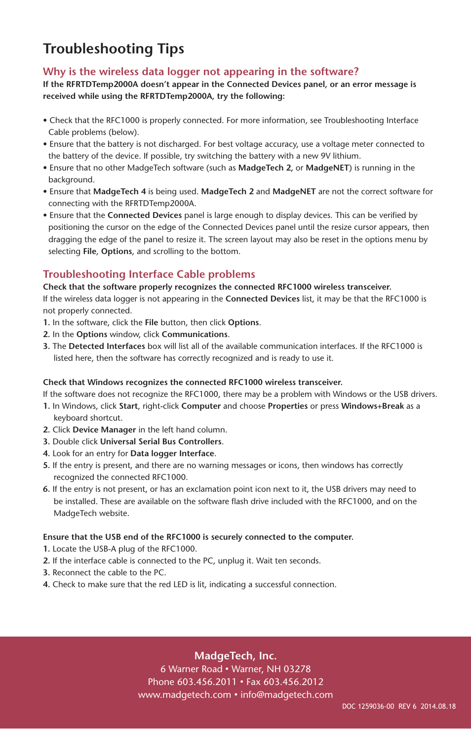 Troubleshooting tips, Troubleshooting interface cable problems, Madgetech, inc | MadgeTech RFRTDTemp2000A User Manual | Page 16 / 16