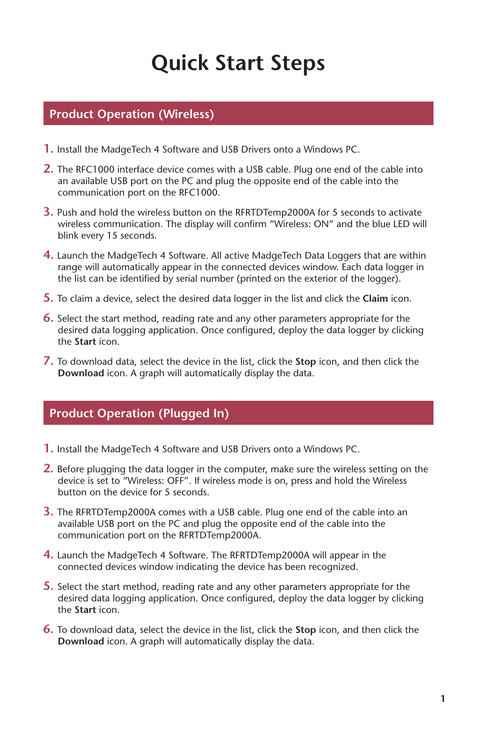 Quick start steps | MadgeTech RFRTDTemp2000A User Manual | Page 3 / 16