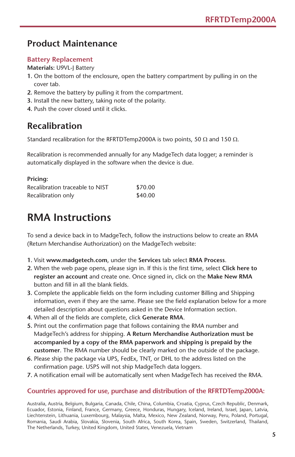 Rma instructions, Product maintenance, Recalibration | Rfrtdtemp2000a | MadgeTech RFRTDTemp2000A User Manual | Page 7 / 16