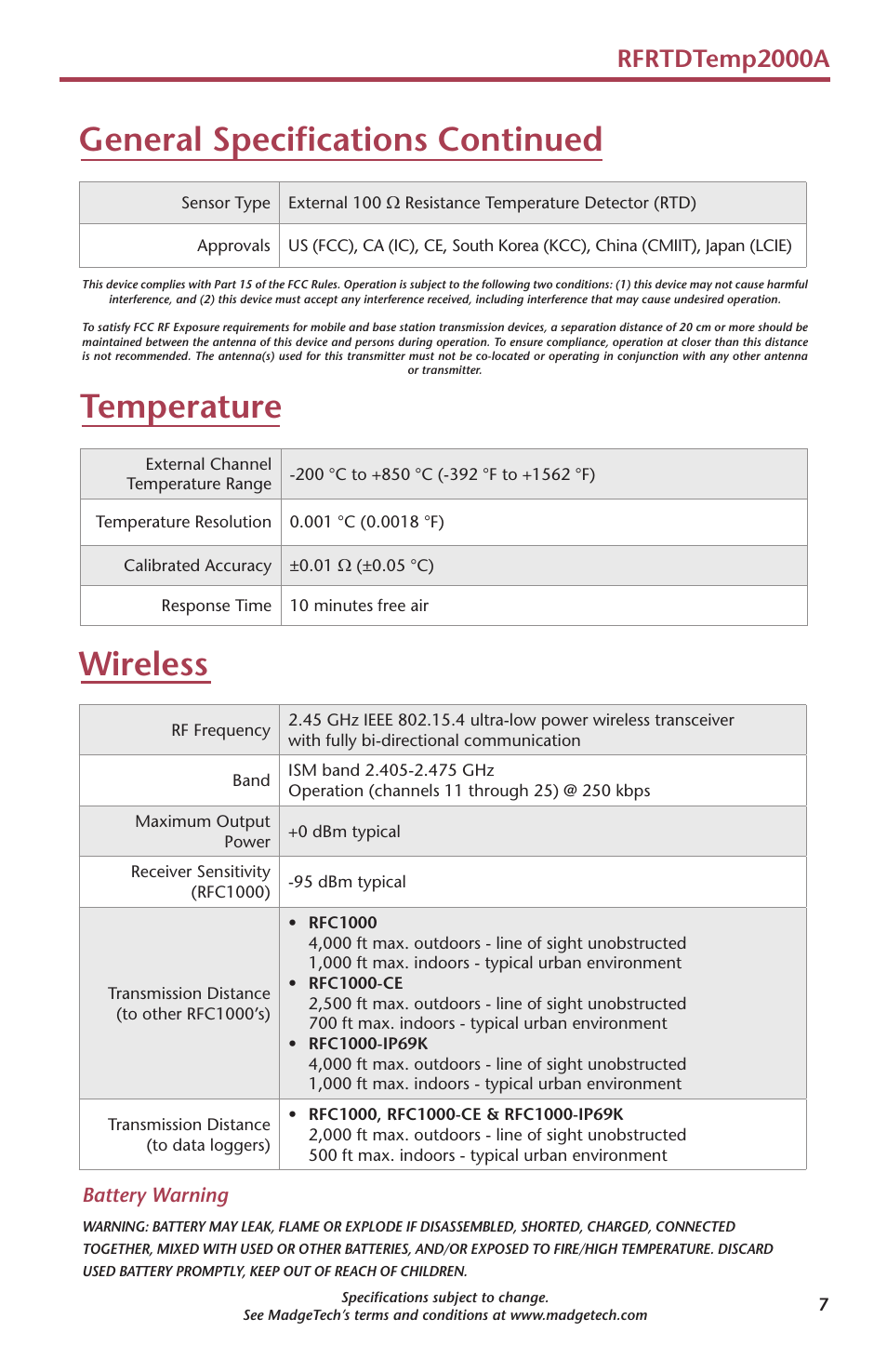 Temperature, Wireless, General specifications continued | Rfrtdtemp2000a | MadgeTech RFRTDTemp2000A User Manual | Page 9 / 16