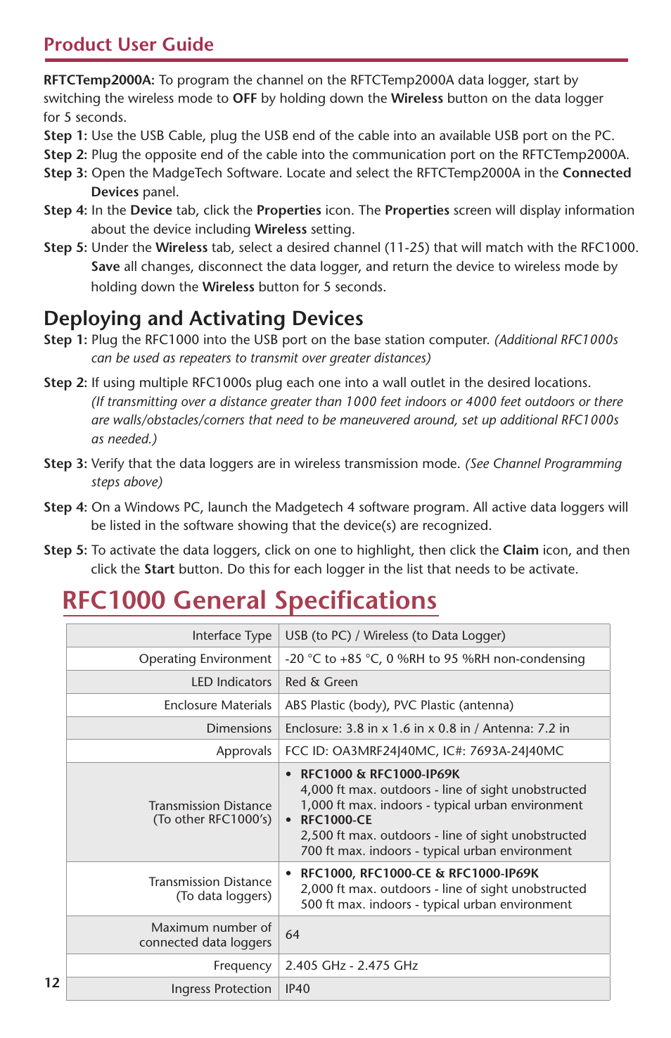 Rfc1000 general specifications, Deploying and activating devices, Product user guide | MadgeTech RFTCTemp2000A User Manual | Page 14 / 16