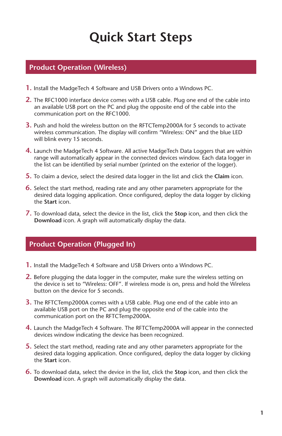 Quick start steps | MadgeTech RFTCTemp2000A User Manual | Page 3 / 16