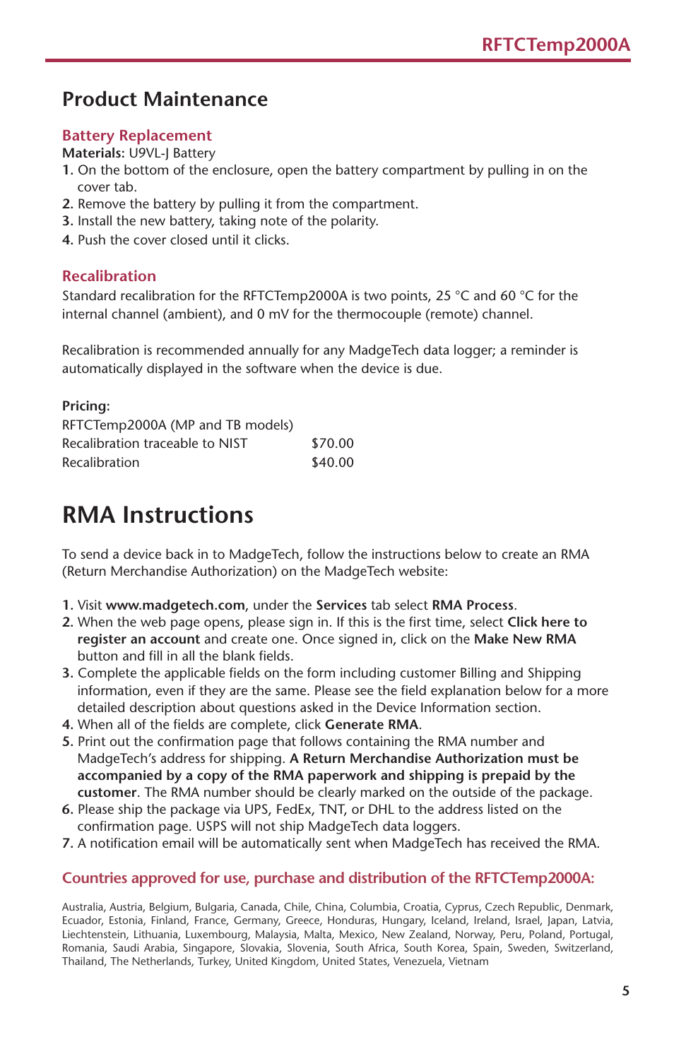 Rma instructions, Product maintenance, Rftctemp2000a | MadgeTech RFTCTemp2000A User Manual | Page 7 / 16
