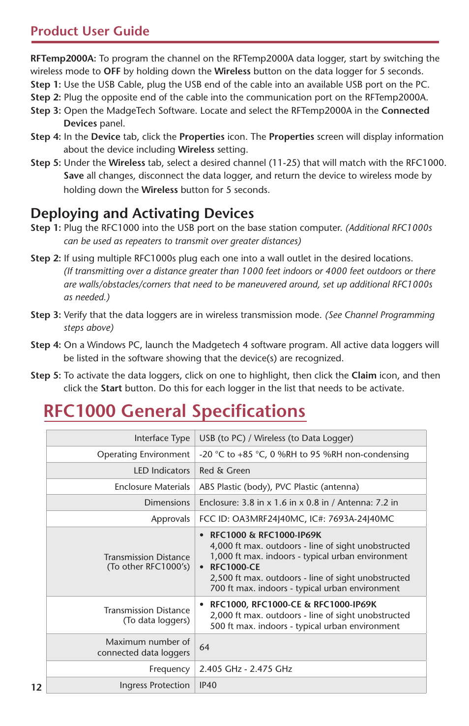 Rfc1000 general specifications, Deploying and activating devices, Product user guide | MadgeTech RFTemp2000A User Manual | Page 14 / 16