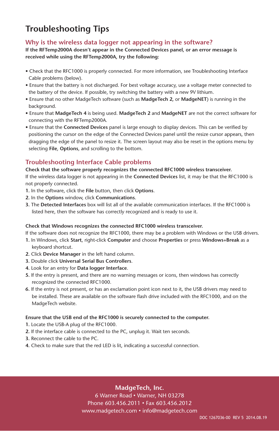 Troubleshooting tips, Troubleshooting interface cable problems, Madgetech, inc | MadgeTech RFTemp2000A User Manual | Page 16 / 16